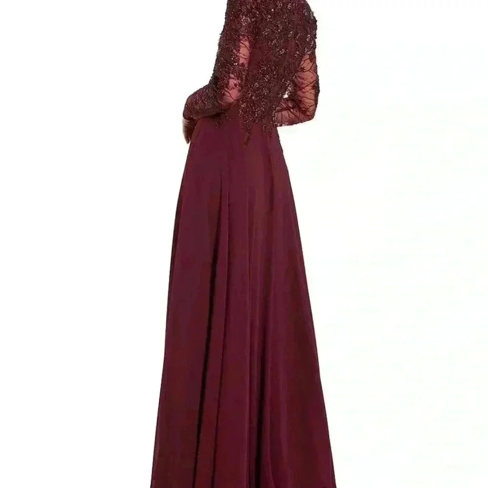 Mac Duggal Embellished Floral Lace V-Neck Illusion Long Sleeve Gown Size 14 - Picture 3 of 8